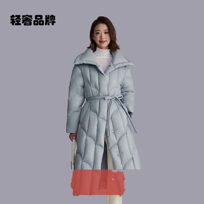 朗姿约定大翻领时尚气质蓝色收腰羽绒服加厚过膝女中长24冬新款