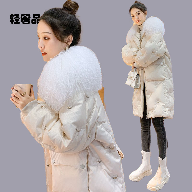 2025年新款冬季亮面免洗白鸭绒羽绒服女中长款加厚真大毛领外套女