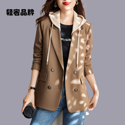 朗姿约定休闲西装外套女春秋2026新款连帽今年流行小西服