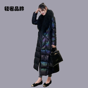 朗姿约定黑色大毛领羽绒服女士2026年新款冬季长款过膝白鸭绒亮面