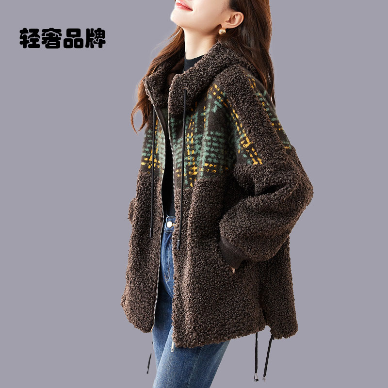 朗姿约定春秋中长款摇粒绒外套女2025新款秋冬洋气宽松休闲连帽