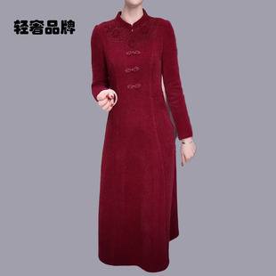 朗姿约定中国风红色连衣裙女秋季2026新款修身复古妈妈装a字裙子