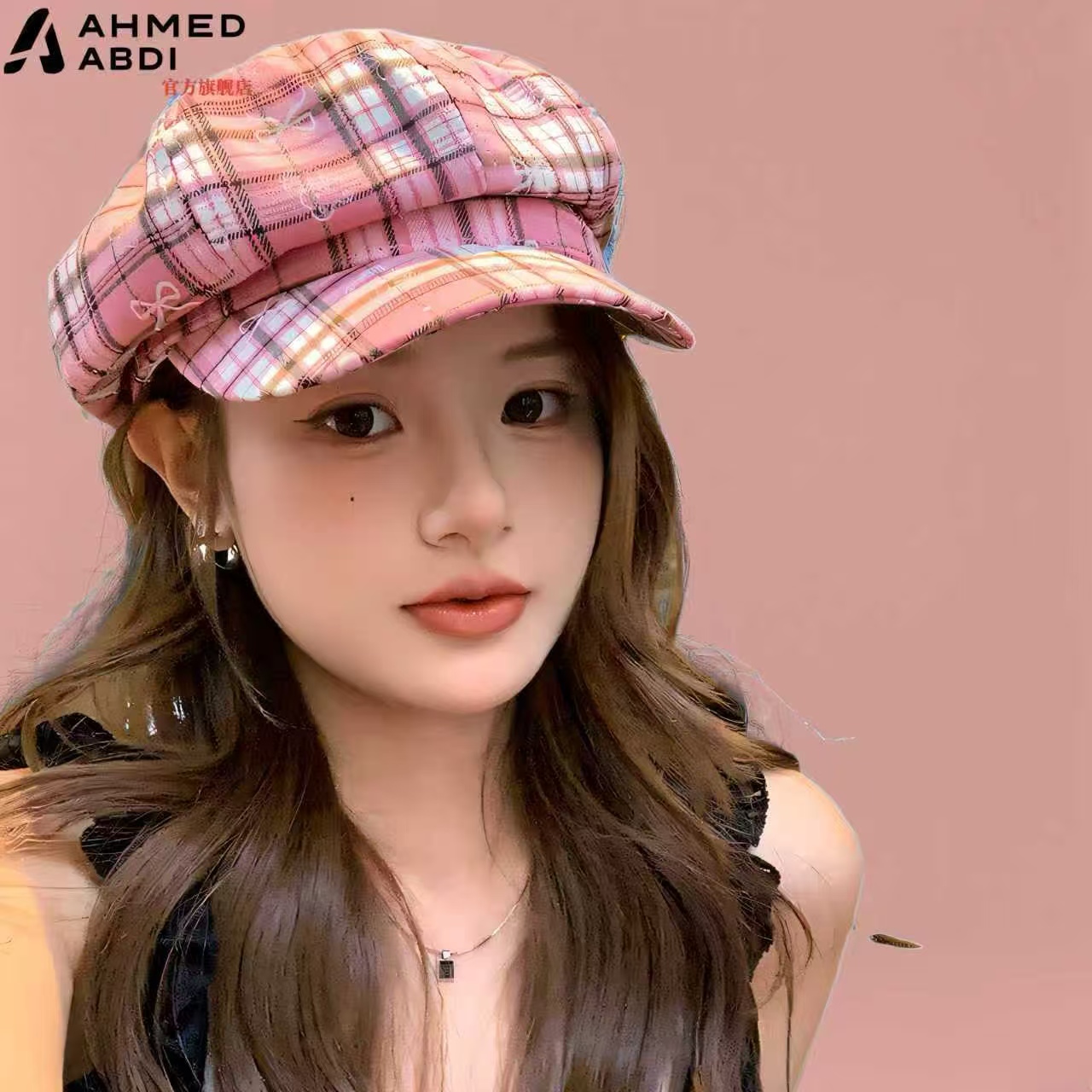 可爱小熊蝴蝶结印花粉色格纹八角帽女甜美可爱鸭舌帽贝雷帽显脸小