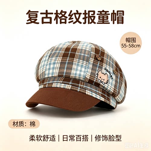 日系复古格纹报童帽女春秋显脸小