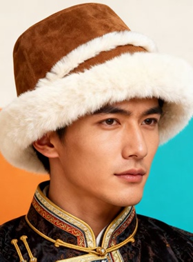 冬季麂皮绒保暖毛绒渔夫帽女民族风百搭防寒加厚保暖盆帽蒙古帽男