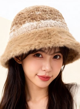 秋冬渔夫帽女新款保暖帽子百搭显脸小水桶帽可爱渐变彩色毛绒盆帽
