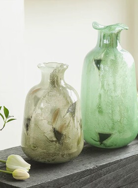 绿色中古玻璃花瓶摆件创意水养客厅电视柜玄关插花装饰品法式琉璃