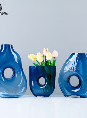 钻石星创意蓝色玻璃花瓶艺术不规则造型缕空设计插花器高级感花瓶