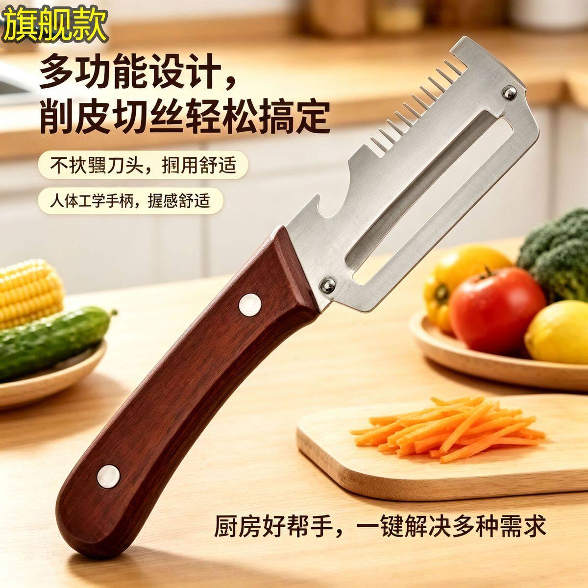 3合1刮葱刮丝开瓶器实木刀柄