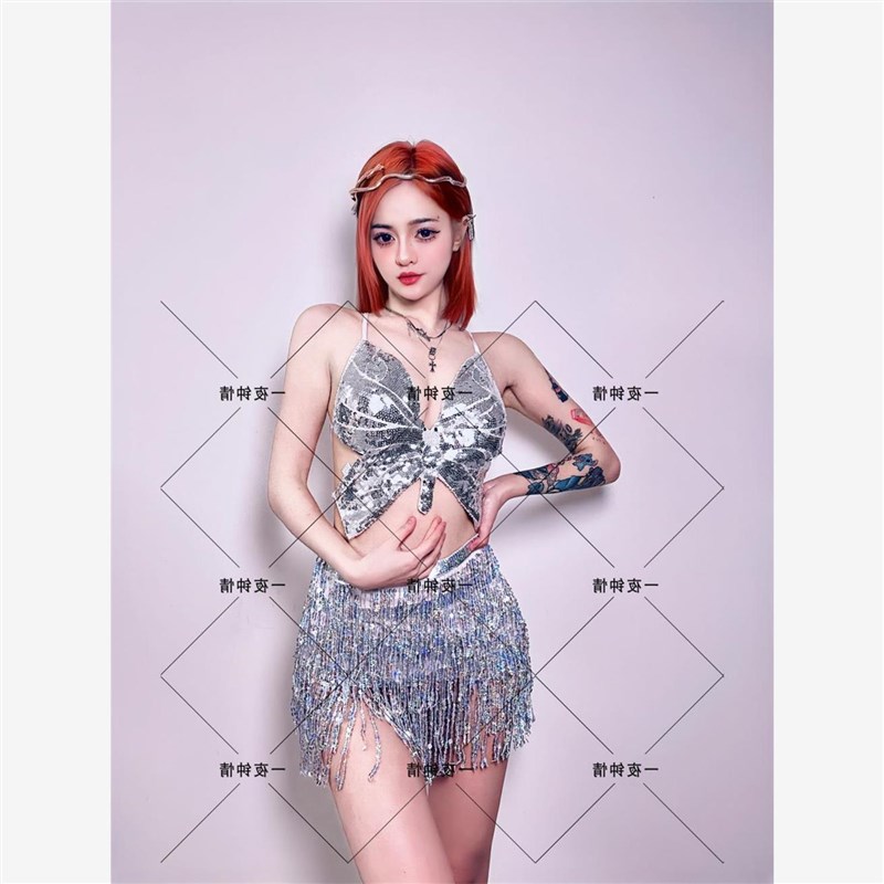 现货速发新款酒吧dj团o领舞DS表演性感蝴蝶亮片背心流苏裙爵士舞