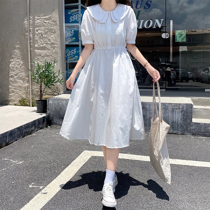初中高中学生青春少女连衣裙夏宽松显瘦收腰学院风复古气质长裙子