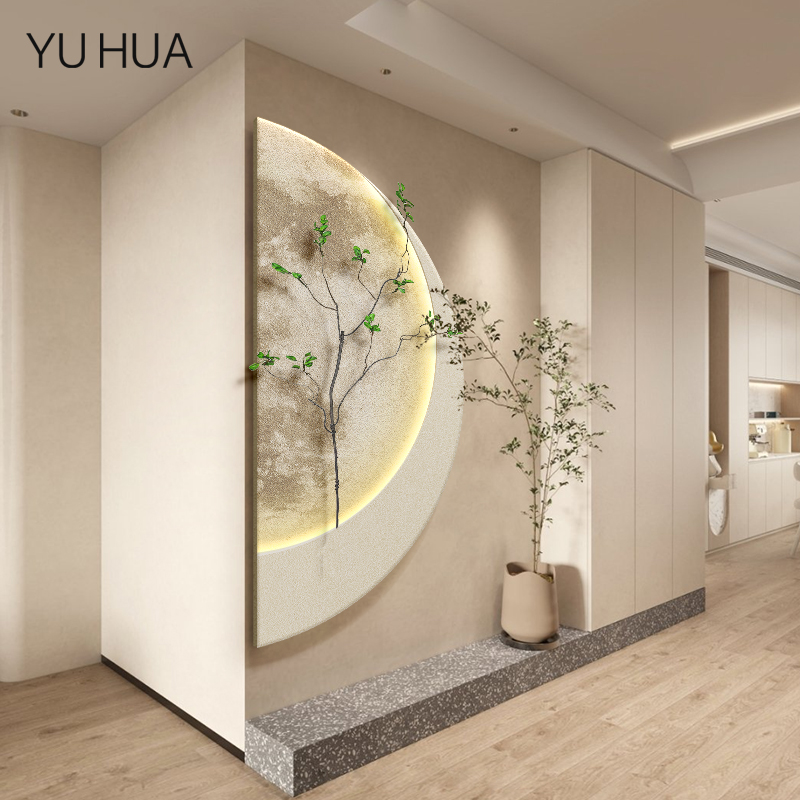 侘寂风玄关装饰画创意月球砂岩实物画简约进门入户客厅背景墙壁画