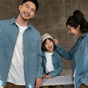 港风复古亲子装一家三口牛仔衬衫2024新款秋装母子母女装长袖外套