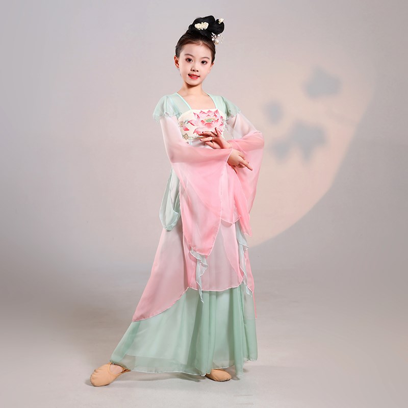 儿童中国舞蹈服飘逸齐胸汉唐纱衣古典舞扇子舞女童大摆裙演出服装