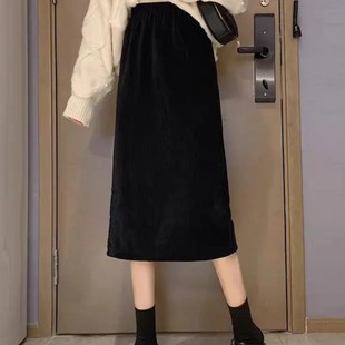 大码 加绒厚裙子 半身裙女秋冬2024新款 灯芯绒遮肉显瘦开叉裙中长款