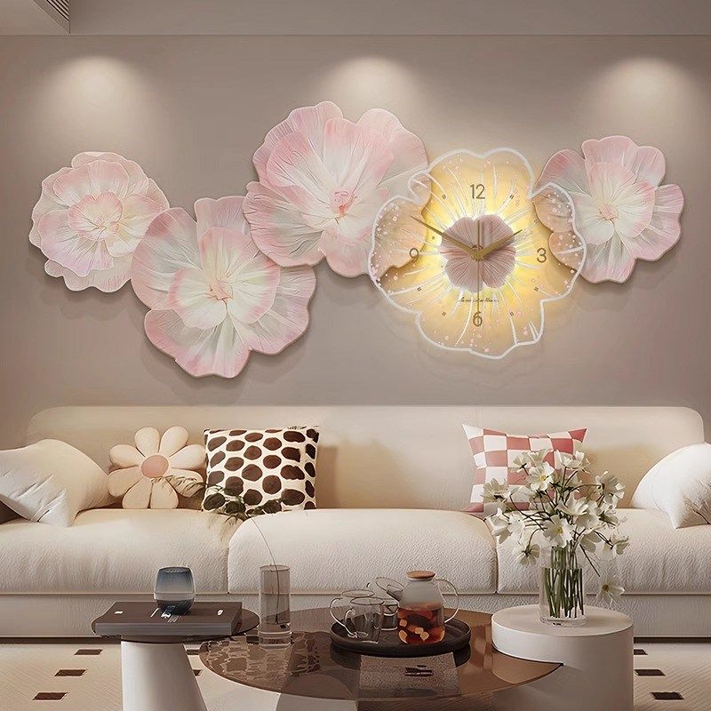 奶油牡丹花客厅沙发背景墙装饰画高级感钟表挂钟餐厅壁画艺术挂画,家居饰品,现代装饰画,淘宝优惠券,粉丝福利购,淘宝优惠卷