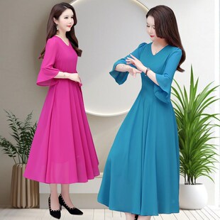 妈妈喇叭袖 系带显瘦大码 气质大摆沙滩长裙 夏季 雪纺连衣裙2024新款