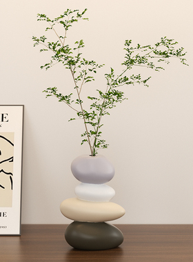 高级感艺术石头时来运转摆件轻奢客厅插花玄关电视柜花瓶软装饰品