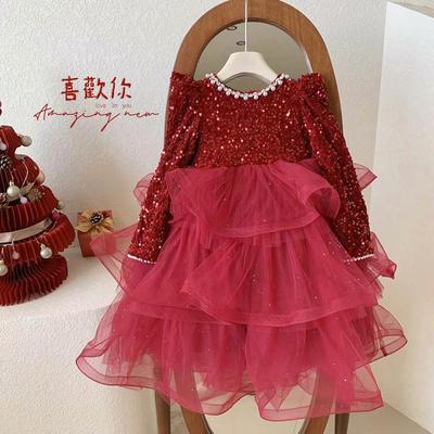 高端女童公主裙秋冬季新款儿童生日礼服蓬蓬裙洋气加绒新年连衣裙