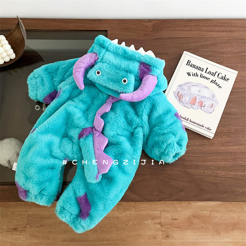 冬季婴儿衣服可爱超萌小怪兽卡通睡衣宝宝加绒爬服加厚保暖连身衣