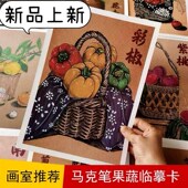 临摹卡花卉果蔬32张双面A5覆膜画室 马克笔彩铅线描 甄选 创意