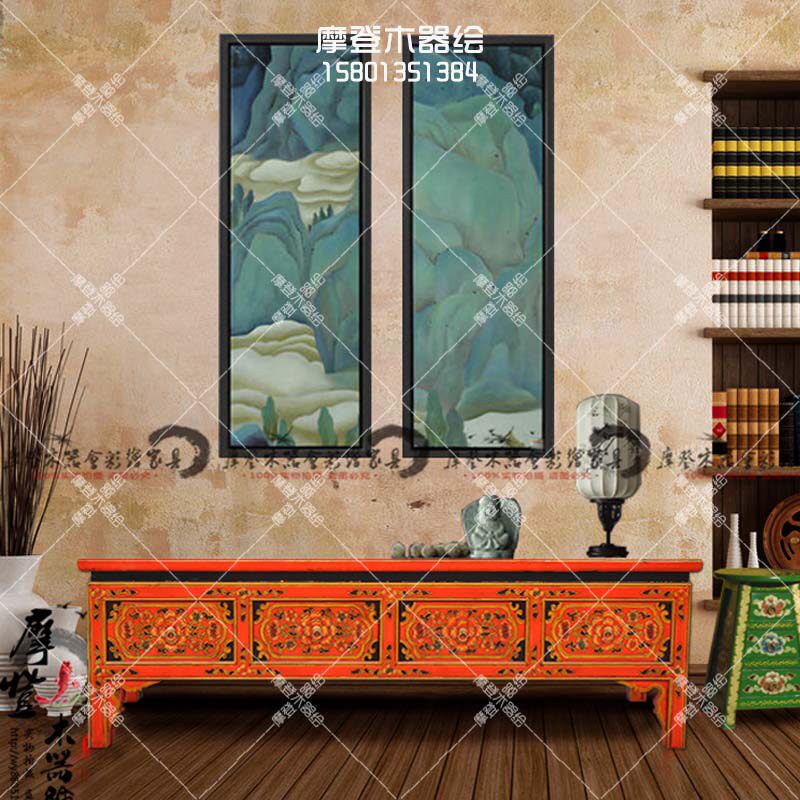 藏式彩绘茶几客厅茶桌装饰桌方桌简约仿古餐桌中式实木家具做旧