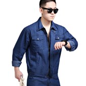 夏季 纯棉透气耐磨工地电焊焊工劳保厂服 男长袖 薄款 牛仔工作服套装
