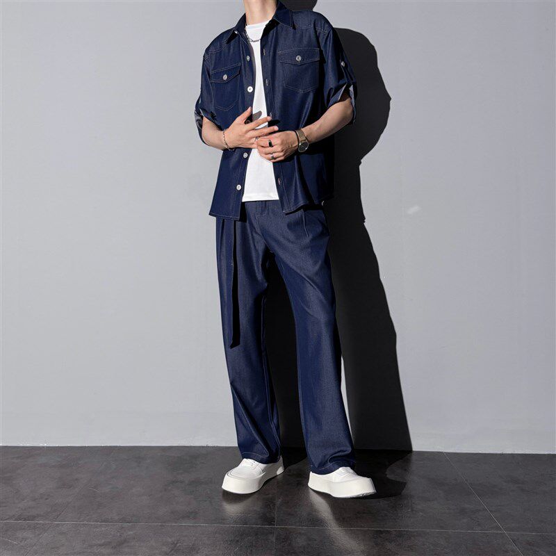 莱德的搭配 时尚宽松软牛仔套装夏季男薄款短袖衬衫裤子两件套潮