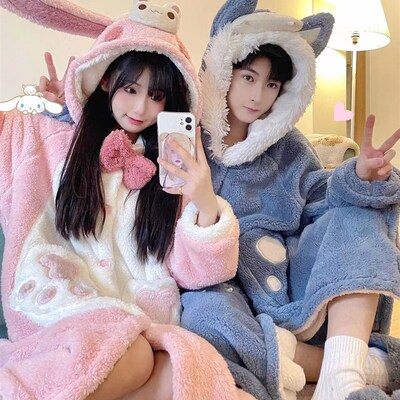 可爱睡衣女冬卡通睡袍小白兔珊瑚绒加厚家居服连帽大灰狼情侣超厚