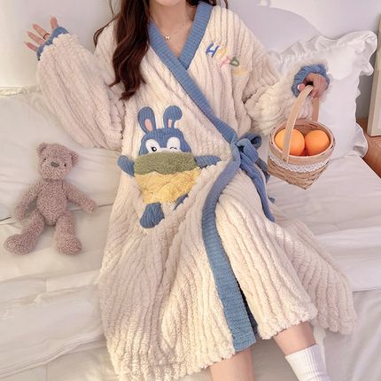 秋冬季睡袍女士珊瑚绒长款2024新款可爱浴袍加绒加厚宽松睡衣睡裙