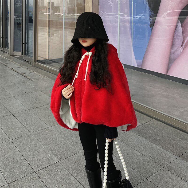儿童皮草斗篷外套冬季新款男女童宝宝毛毛披肩万圣节仿獭兔毛披风