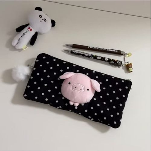 可爱小猪毛绒笔袋波点大容量收纳包女学生文具盒卡通高颜值铅笔盒