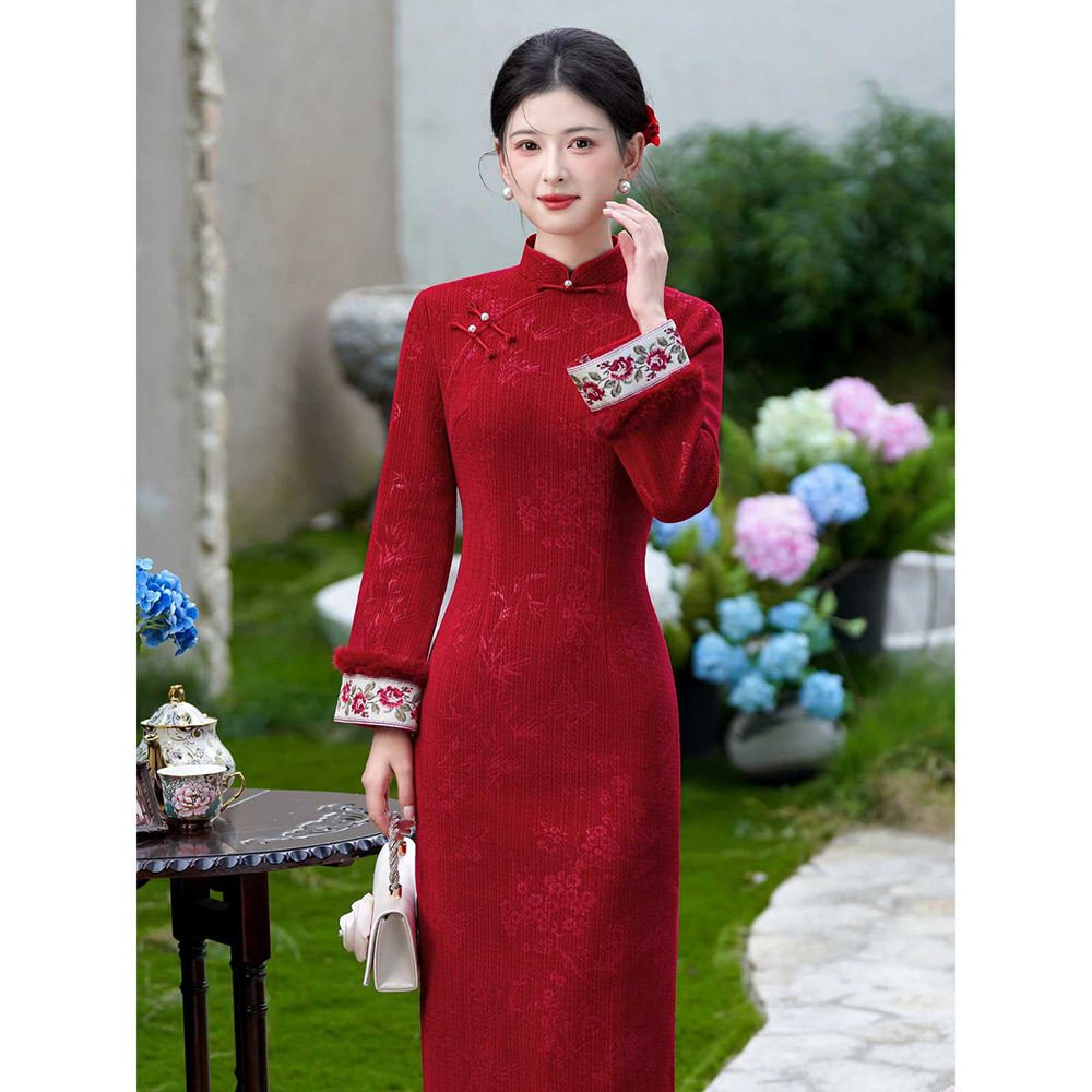 【椒花颂声-加绒】潇夫人自制高端红色长袖旗袍冬季日常拜年服订