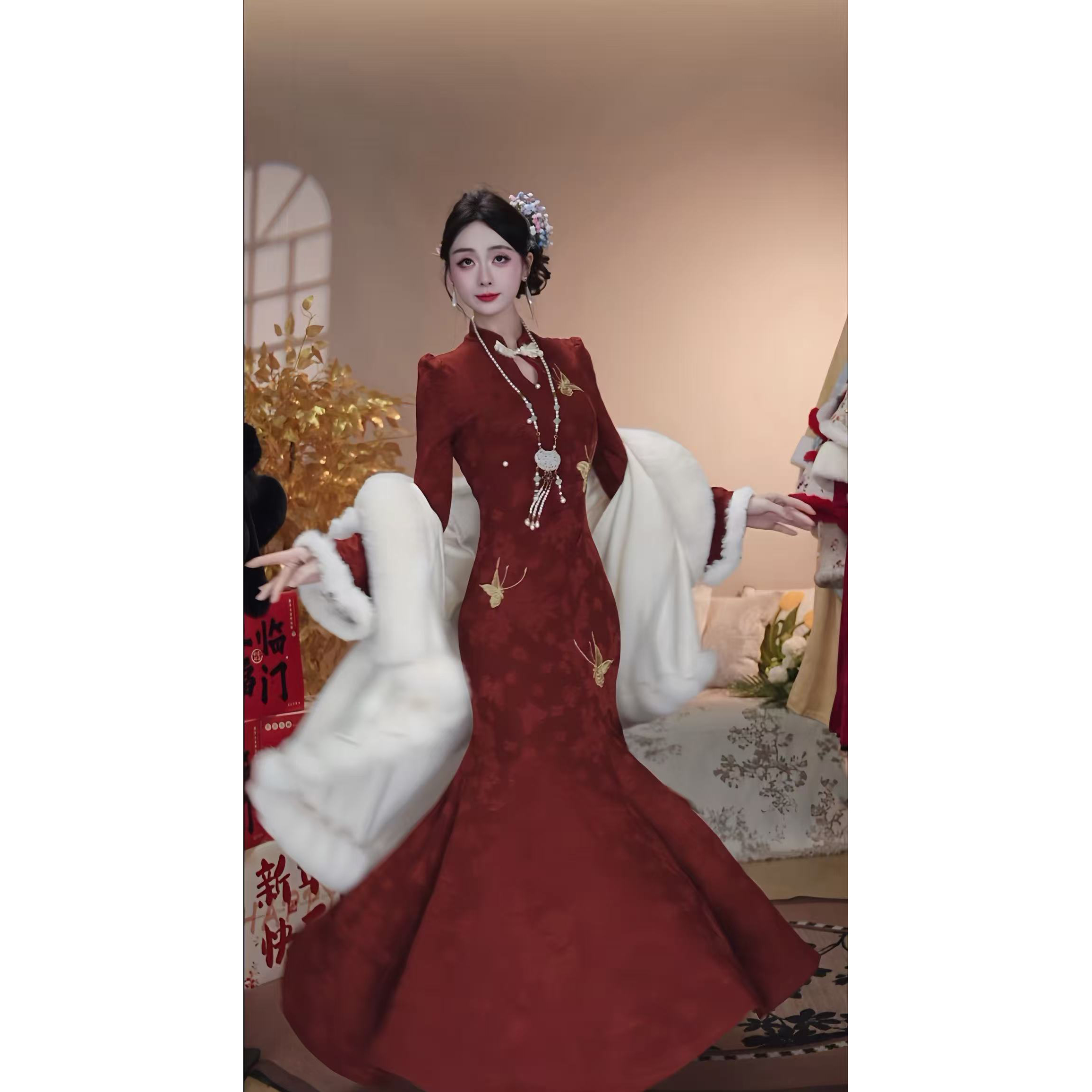 【赤羽玲珑-加绒】潇夫人自制新中式国风改良提花收腰旗袍连衣裙