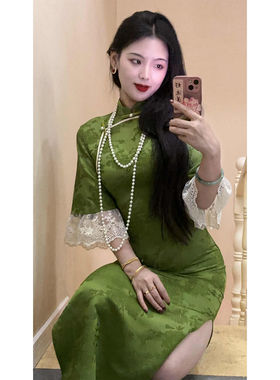 【美人焦】潇夫人自制新中式旗袍墨绿色改良年轻款少女日常连衣裙