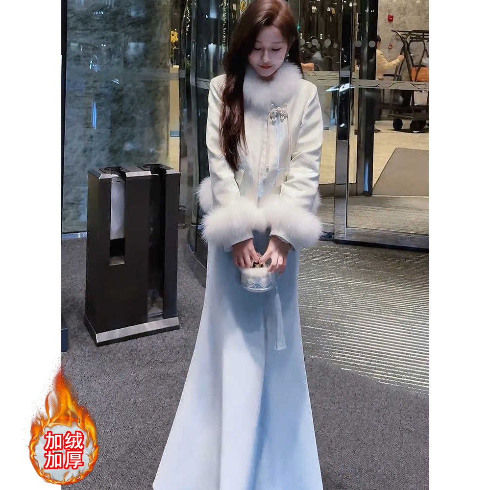 【楚映雪-加厚】潇夫人自制新中式国风蓝色高级感百搭鱼尾裙套装