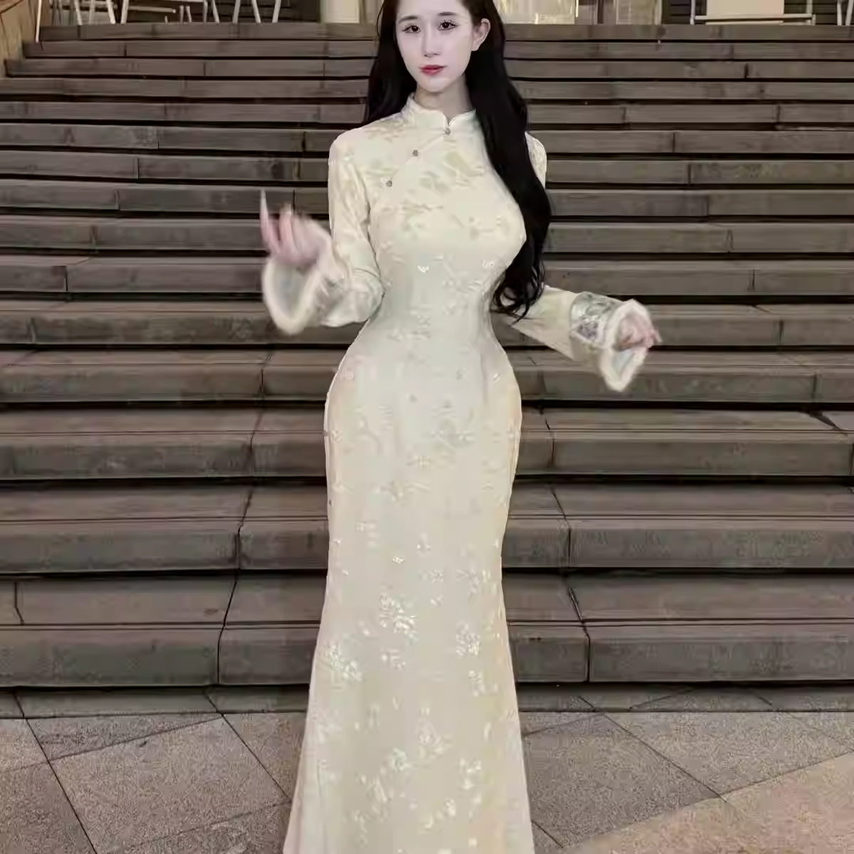 【温柔白-加绒】潇夫人自制新中式倒大袖旗袍白色淑女范改良小个�