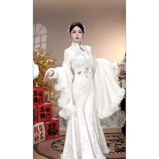 【雪后-加绒】潇夫人自制刺绣腰封鱼尾裙步步生莲丝绒旗袍