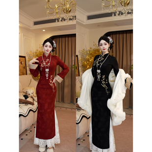 【金梅报喜倒大袖-加绒】潇夫人自制新中式高级刺绣红旗袍连衣裙