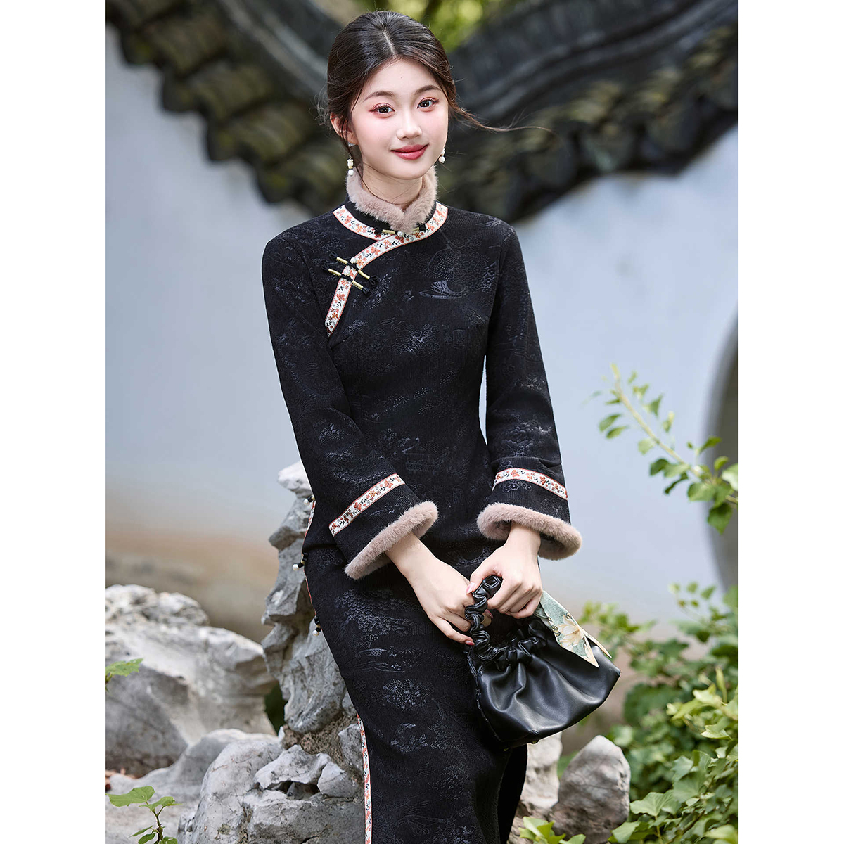 【川黛-加绒】潇夫人自制日常百搭改良旗袍冬装加厚黑色新中式高