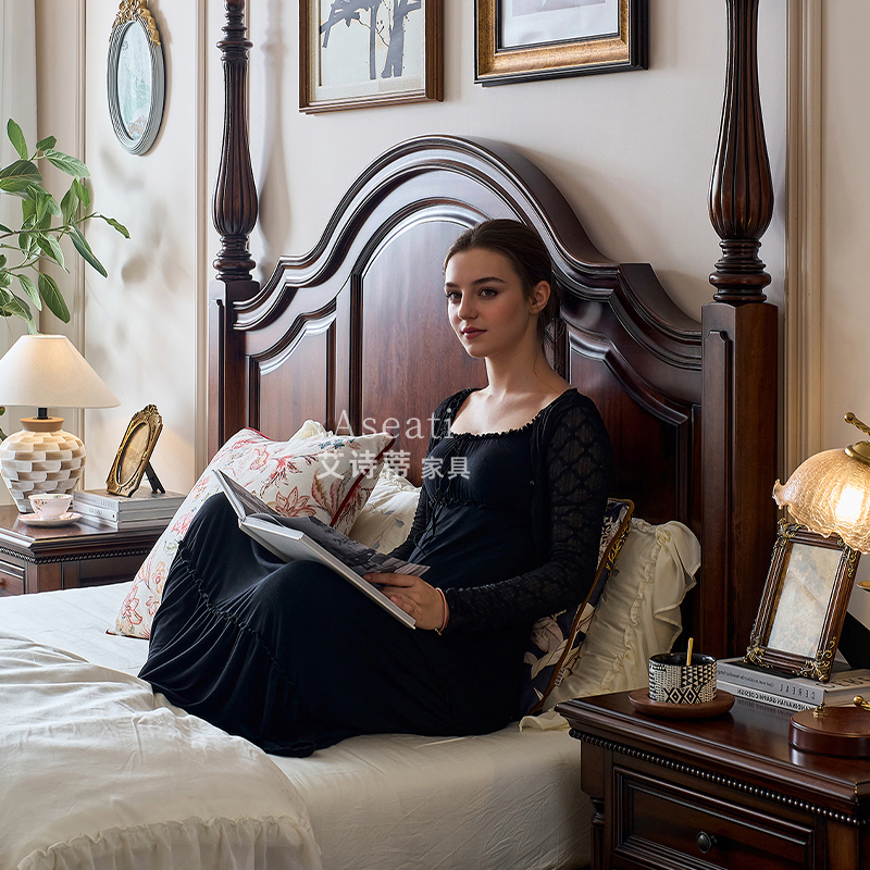 艾诗蒂美式轻奢复古胡桃木双人床