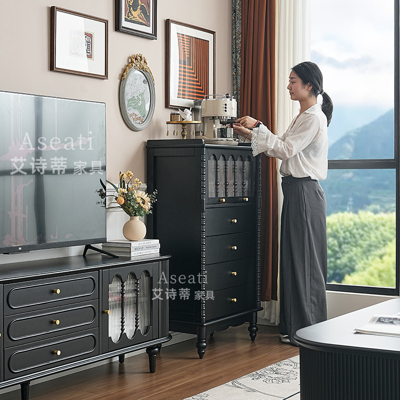 【新品】法式实木斗柜客厅靠墙电视边柜中古风主卧室斗柜储物柜子