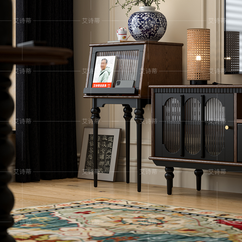 法式复古黑色中古风实木边几边柜
