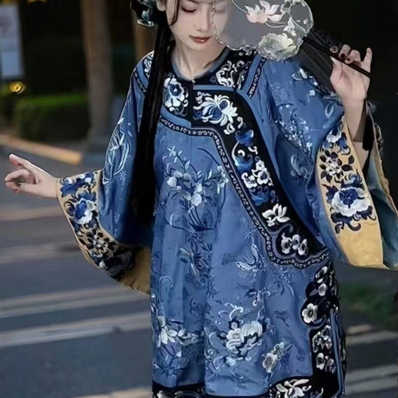 速发斜襟 格格服旗装清朝晚清汉服清汉青花瓷印花上衣复古表演服