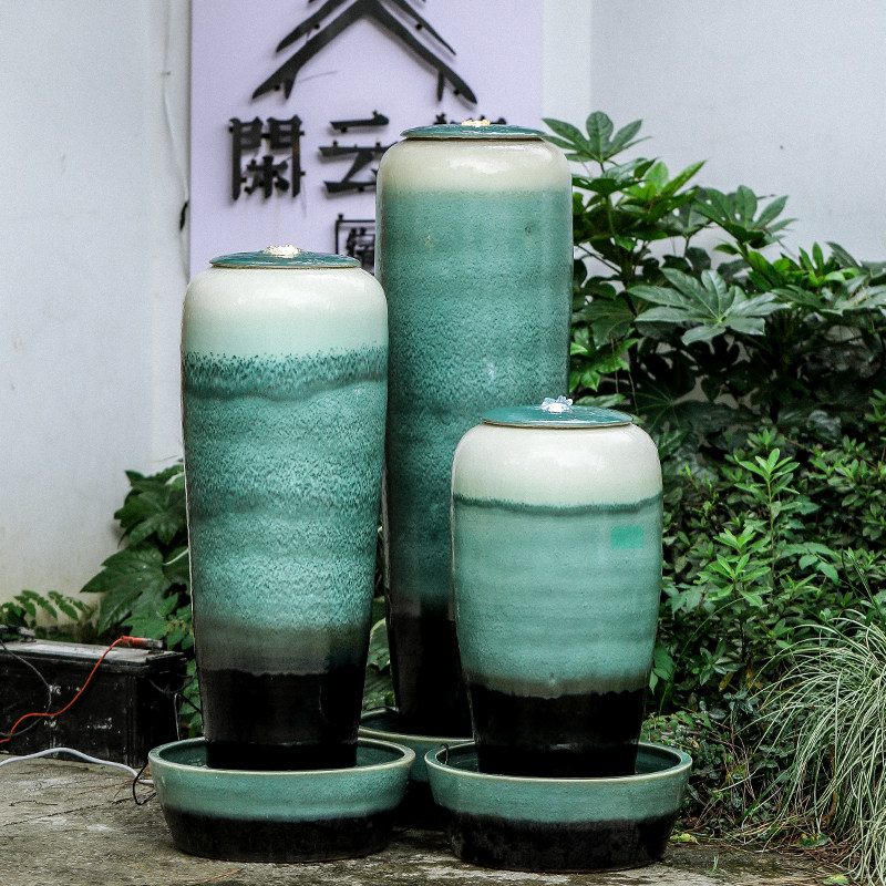 速发客厅中式陶瓷陶水摆件湿环水景观流罐造景招财花瓶加循器乔迁