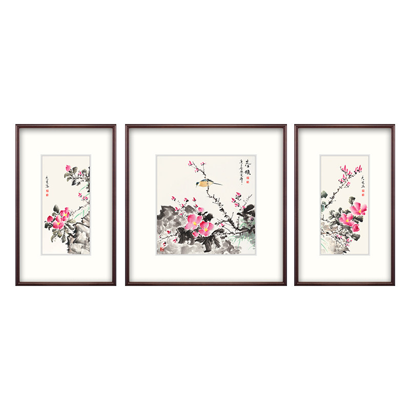 速发[新品] 新中式装饰画客厅沙发背景墙挂画三联国画水墨花鸟画