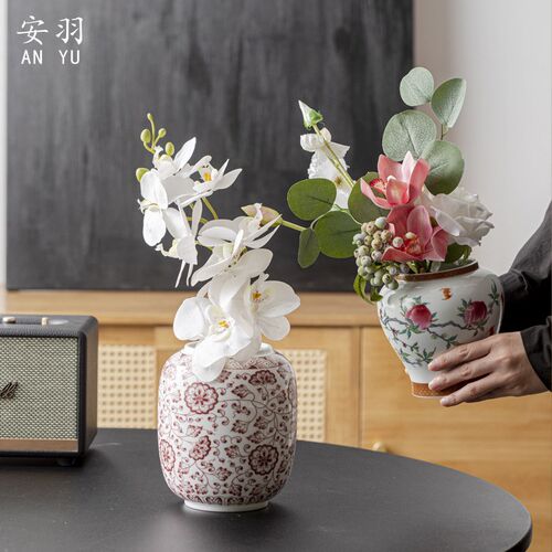 速发上金 青花陶瓷墅瓶中式客厅桌花仿古插花瓶板房别面装饰家居