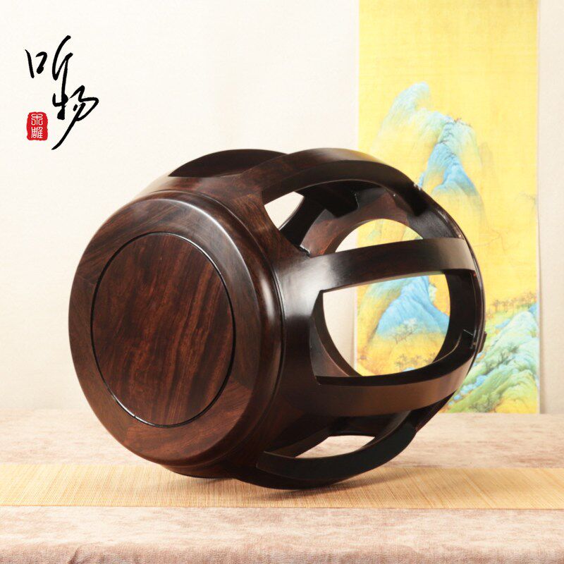 速发实木非洲黑檀新中式客厅鼓形坐具花瓶盆景酒坛加高托架圆形换