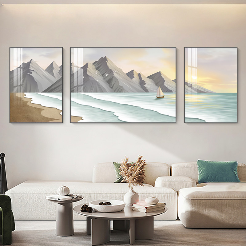 速发海景客厅装画画简壁沙发背景墙挂饰抽象风景三联画约画