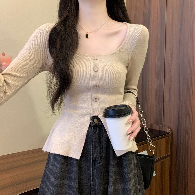 速发安可袖穿搭红色方领开叉长雷针织衫韩别穿搭设计感系致上衣